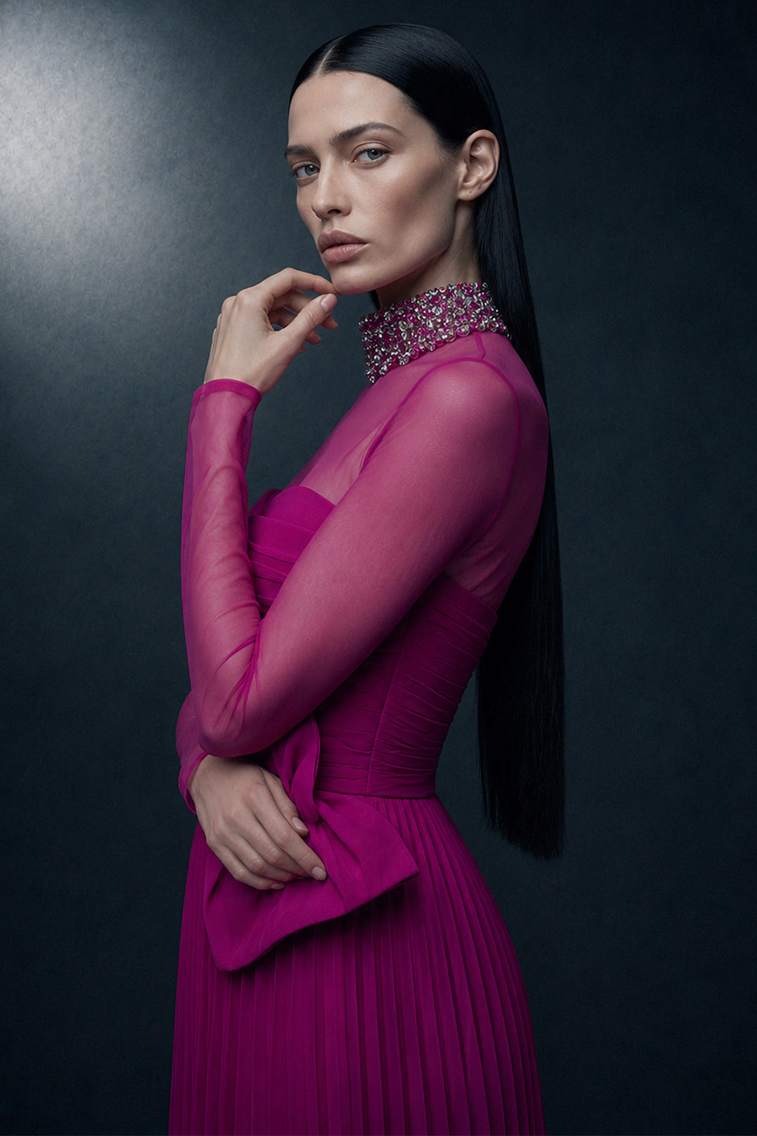 Draped High-Neck A-Line Dress