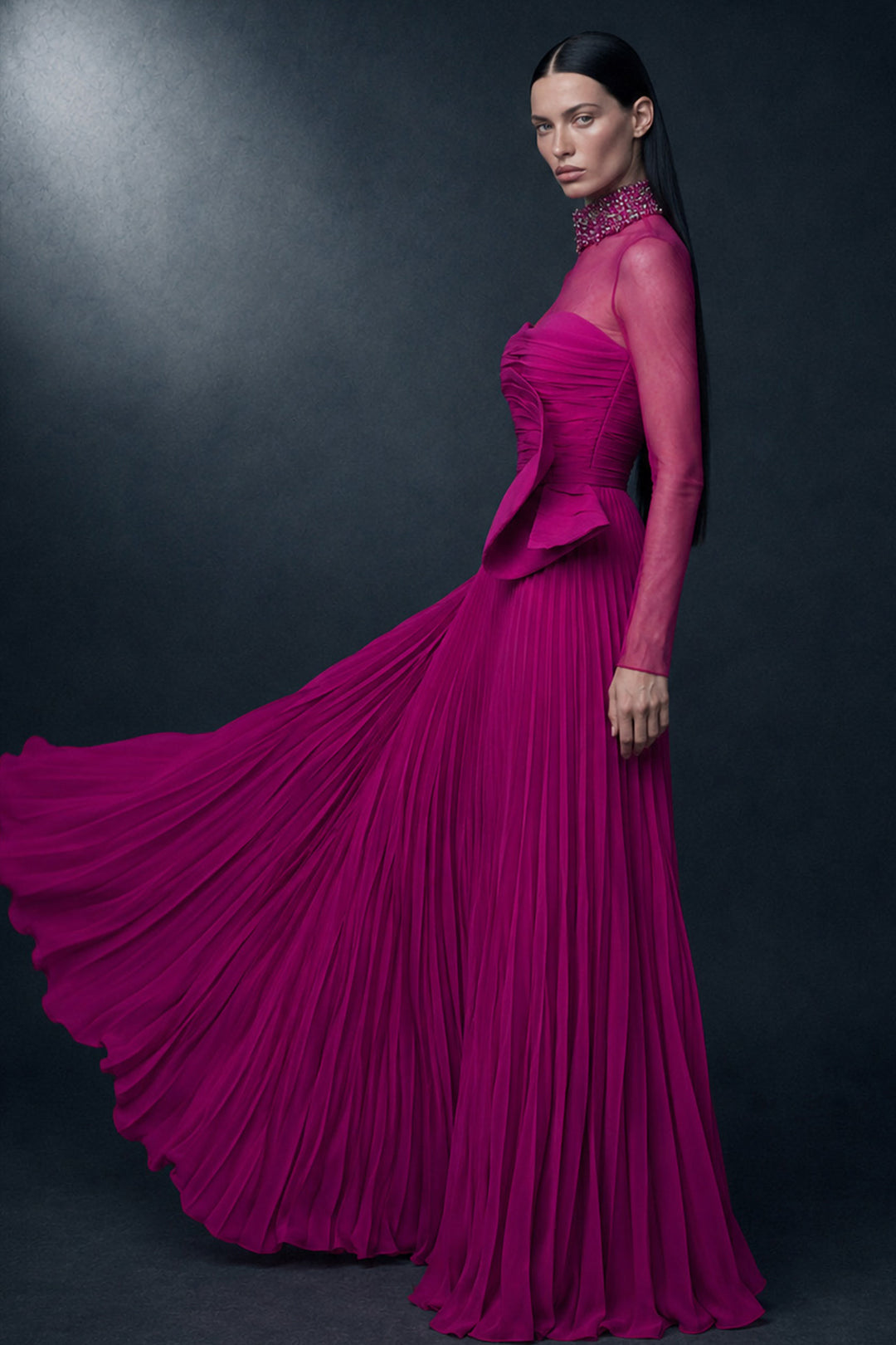 Draped High-Neck A-Line Dress