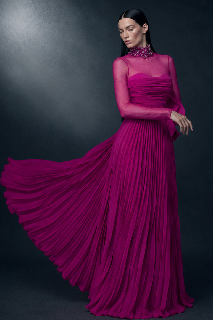 Draped High-Neck A-Line Dress