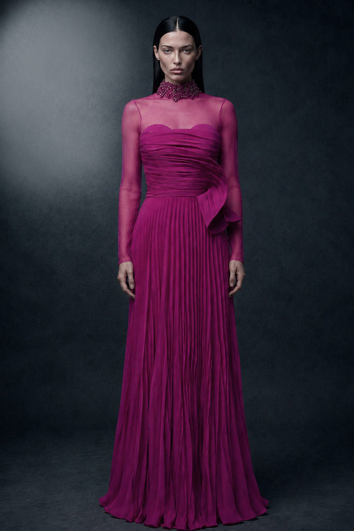 Draped High-Neck A-Line Dress