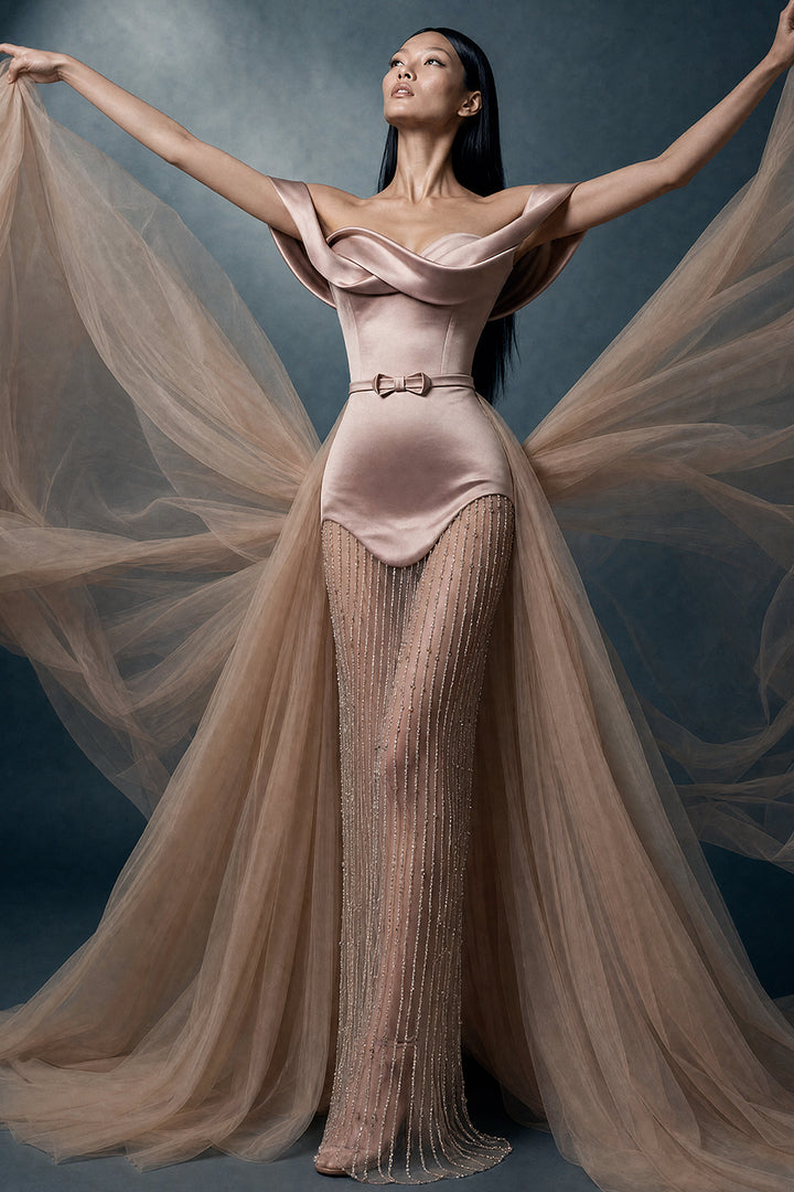 Off-The-Shoulder Crystal Column Dress