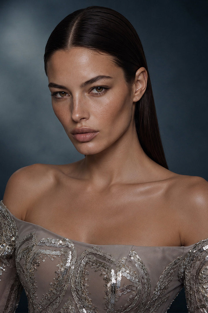 Off-The-Shoulder Crystal Embroidered Dress