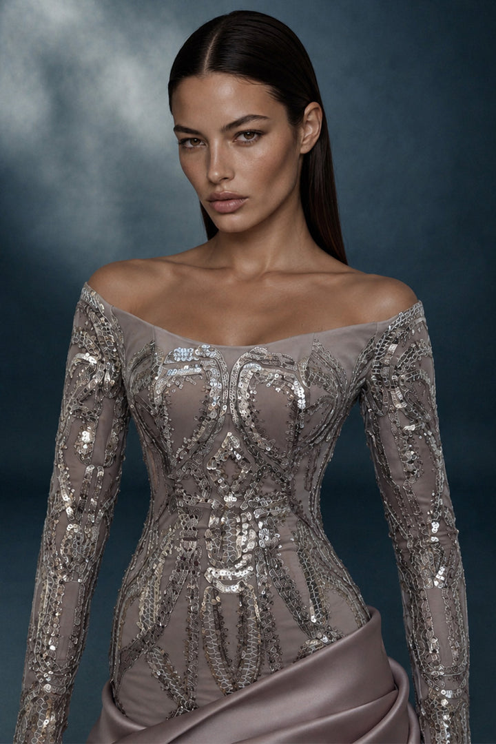 Off-The-Shoulder Crystal Embroidered Dress