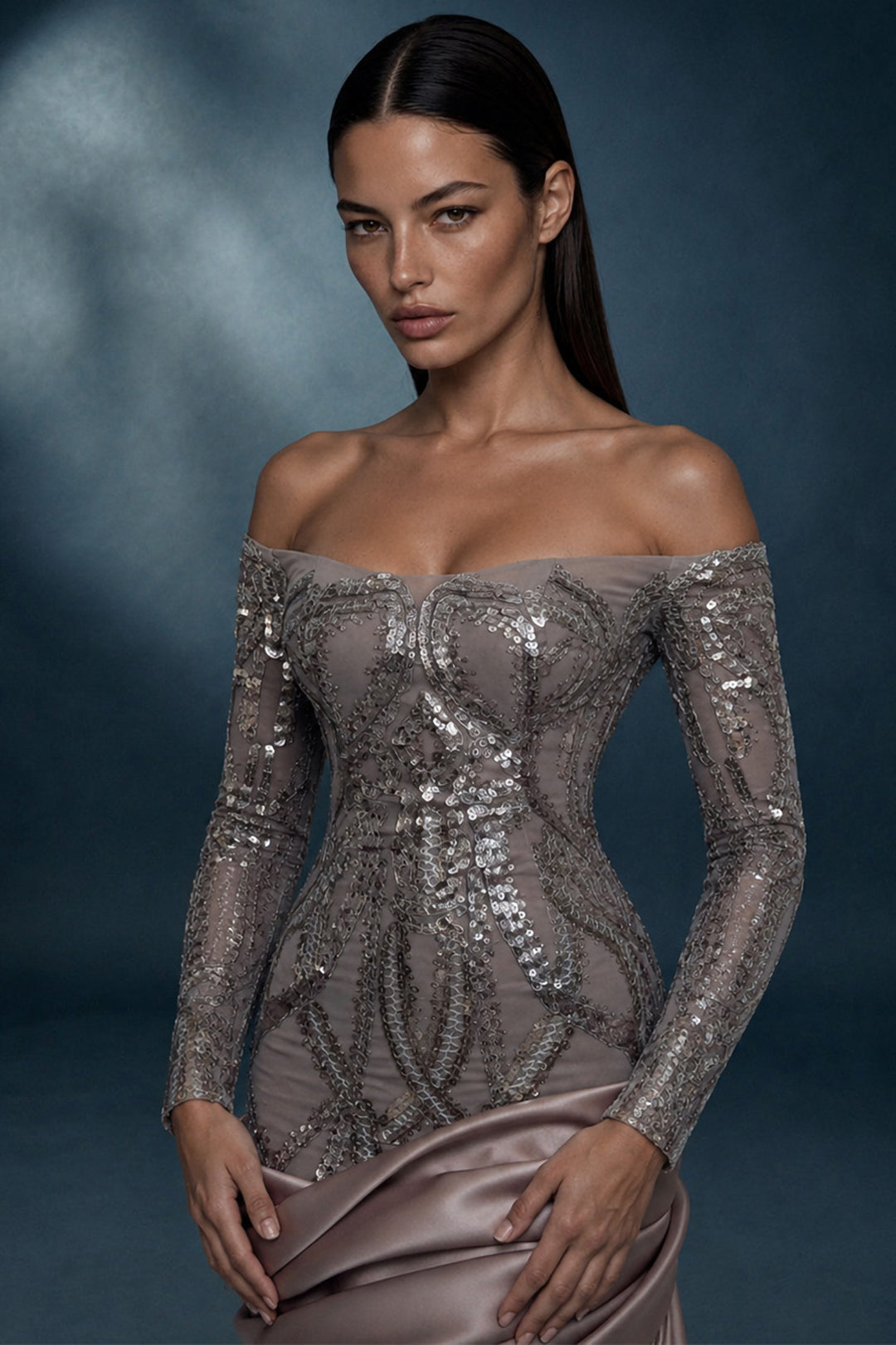 Off-The-Shoulder Crystal Embroidered Dress