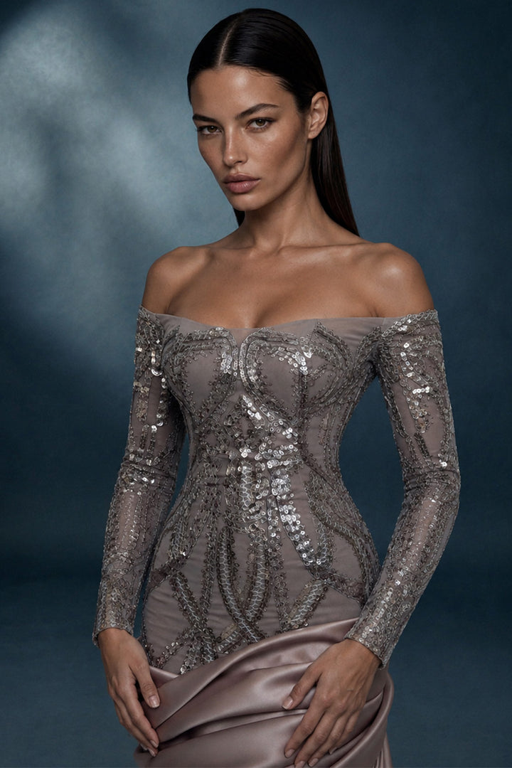 Off-The-Shoulder Crystal Embroidered Dress