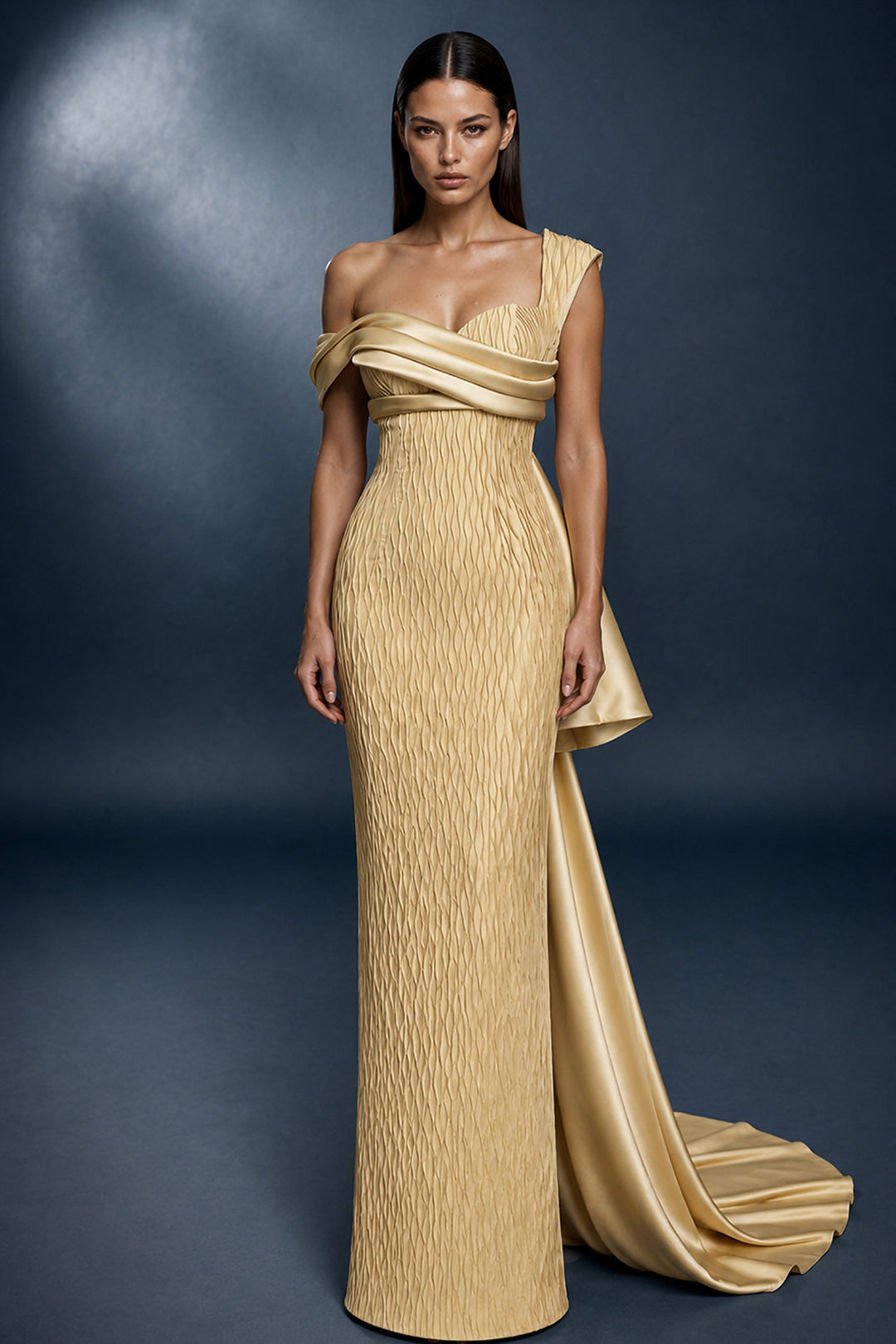 Architectural Pleated Satin Long Dress
