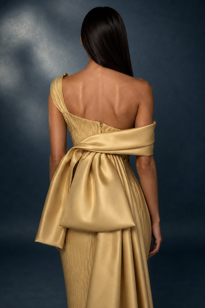 Architectural Pleated Satin Long Dress