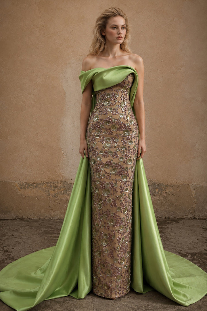 Off-The-Shoulder Embellished Sheath Dress with Overskirt
