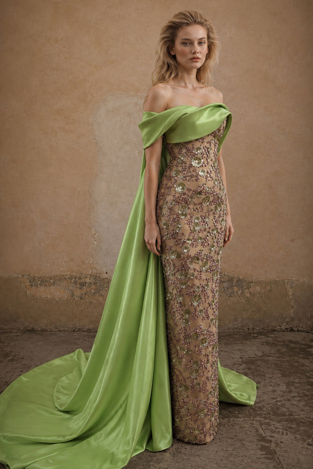 Off-The-Shoulder Embellished Sheath Dress with Overskirt