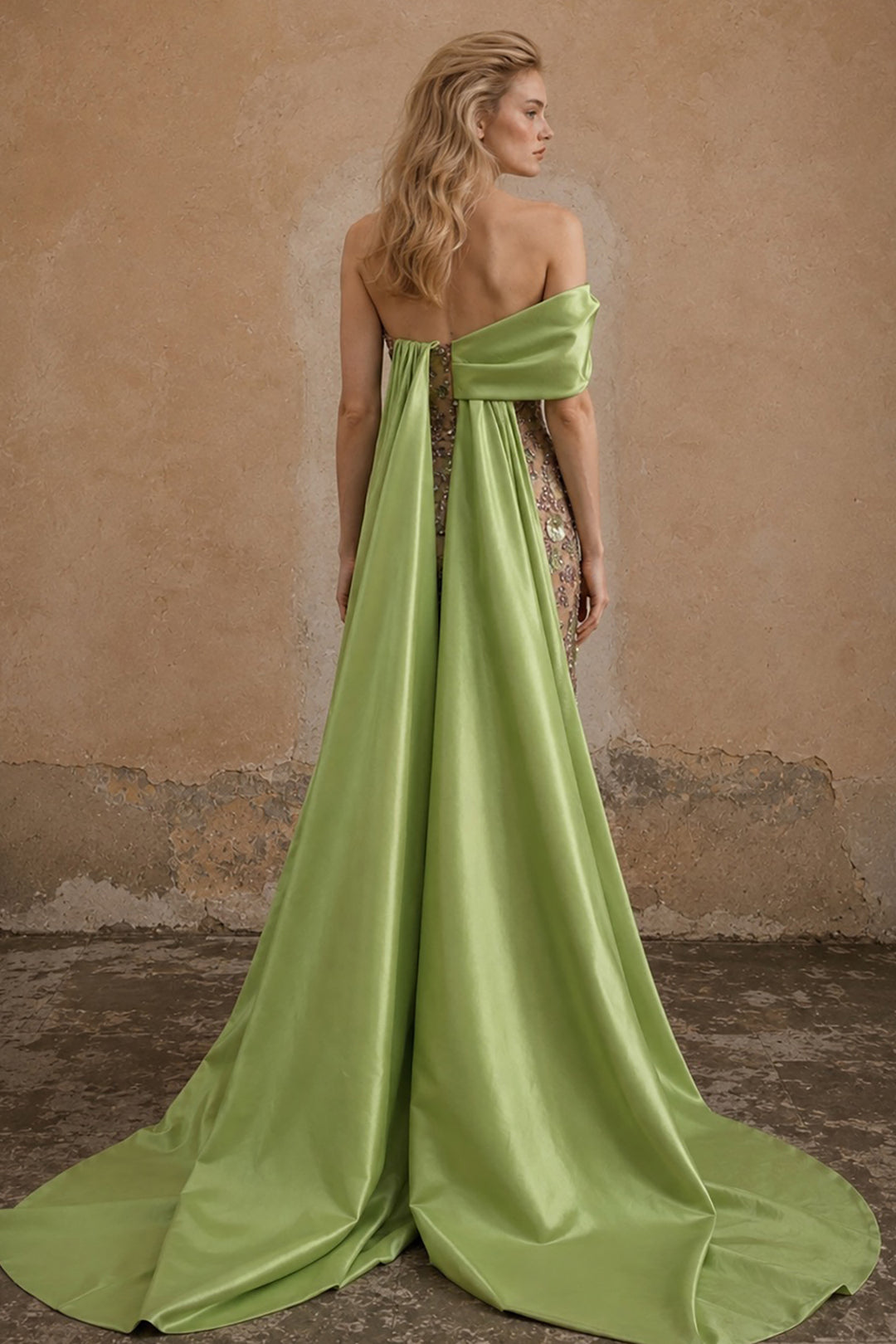 Off-The-Shoulder Embellished Sheath Dress with Overskirt