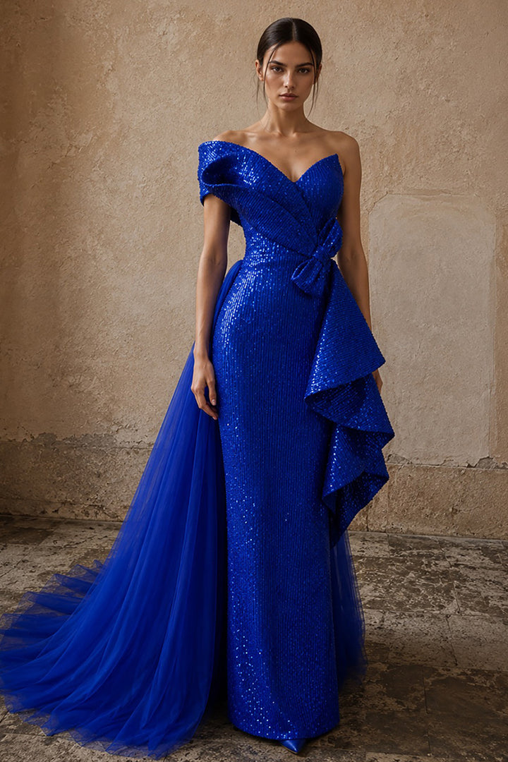One-Shoulder Sequinned Column Dress with Tulle Train