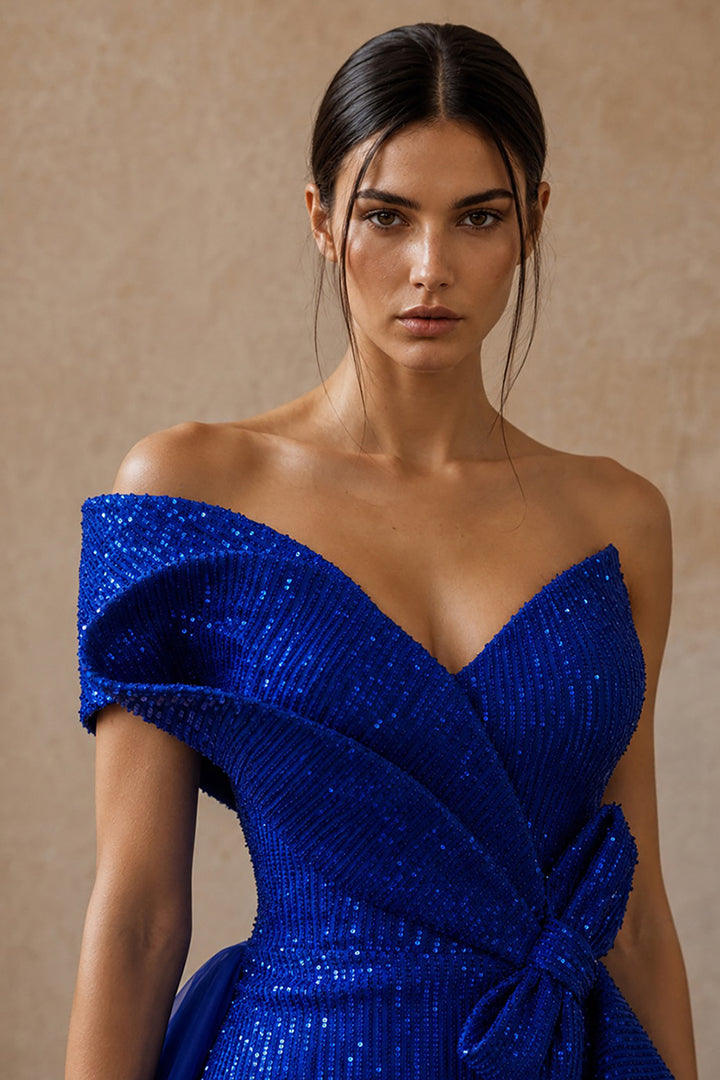 One-Shoulder Sequinned Column Dress with Tulle Train