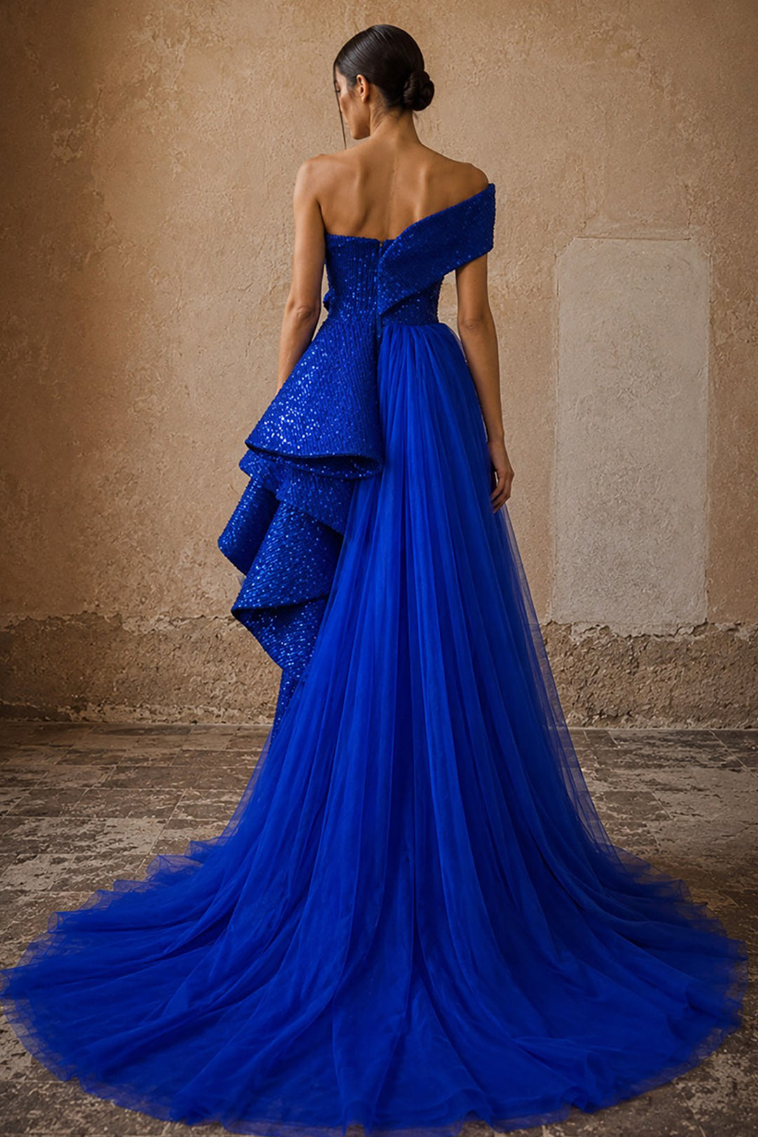 One-Shoulder Sequinned Column Dress with Tulle Train