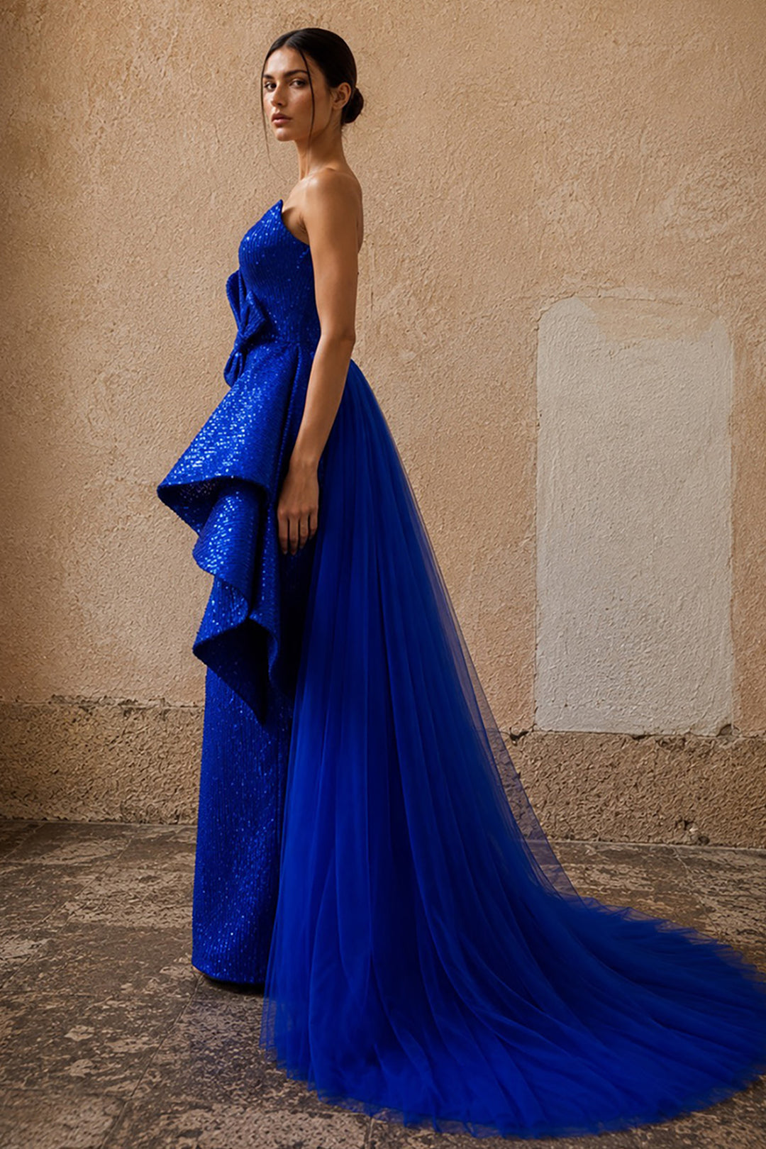 One-Shoulder Sequinned Column Dress with Tulle Train