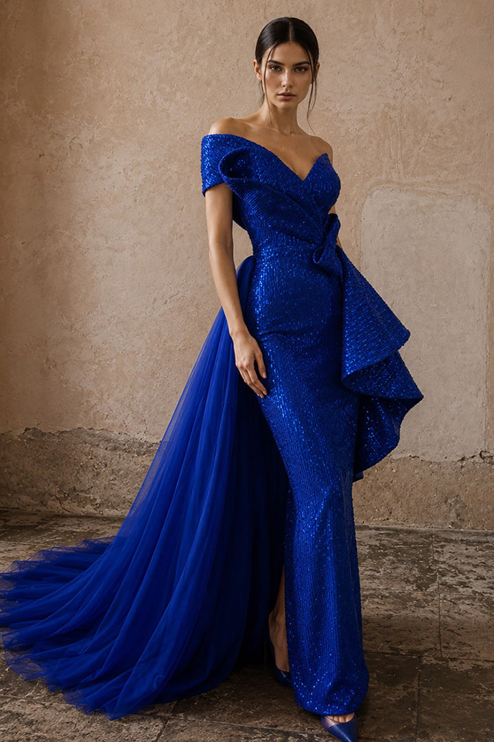 One-Shoulder Sequinned Column Dress with Tulle Train