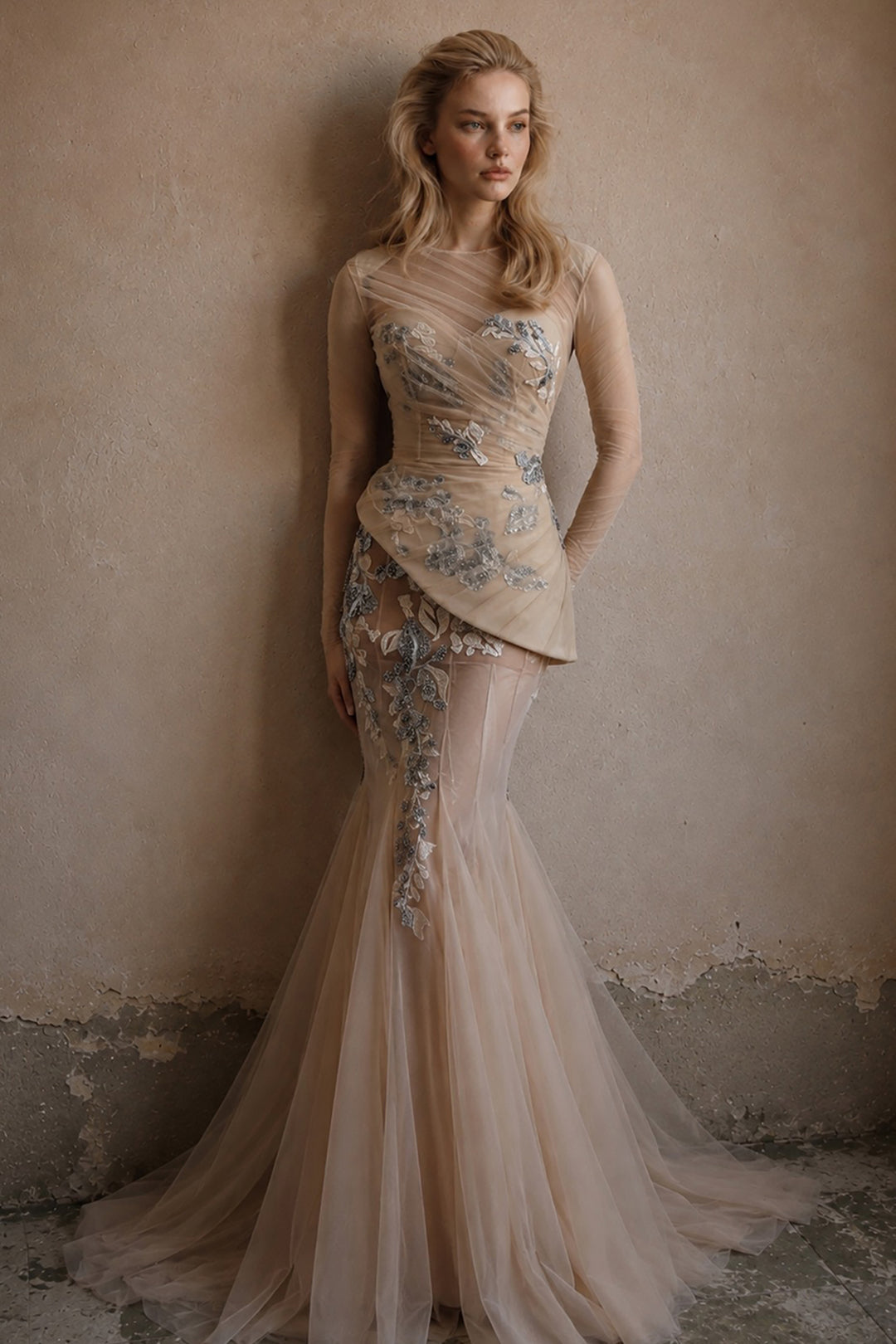 Illusion-Sleeve Asymmetrical with Mermaid Dress
