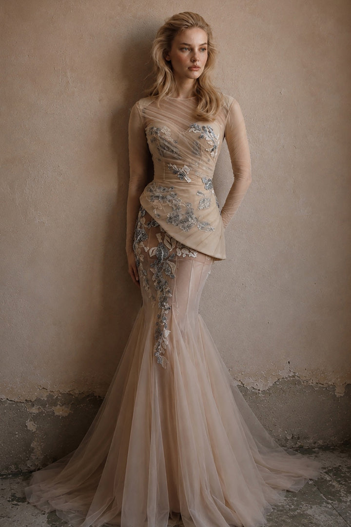 Illusion-Sleeve Asymmetrical with Mermaid Dress
