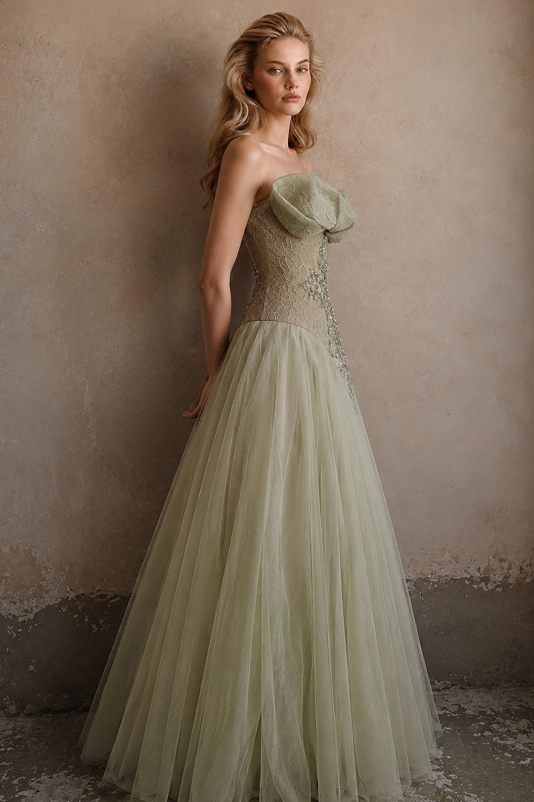Strapless Lace Corset Dress with Asymmetrical Tulle Overskirt