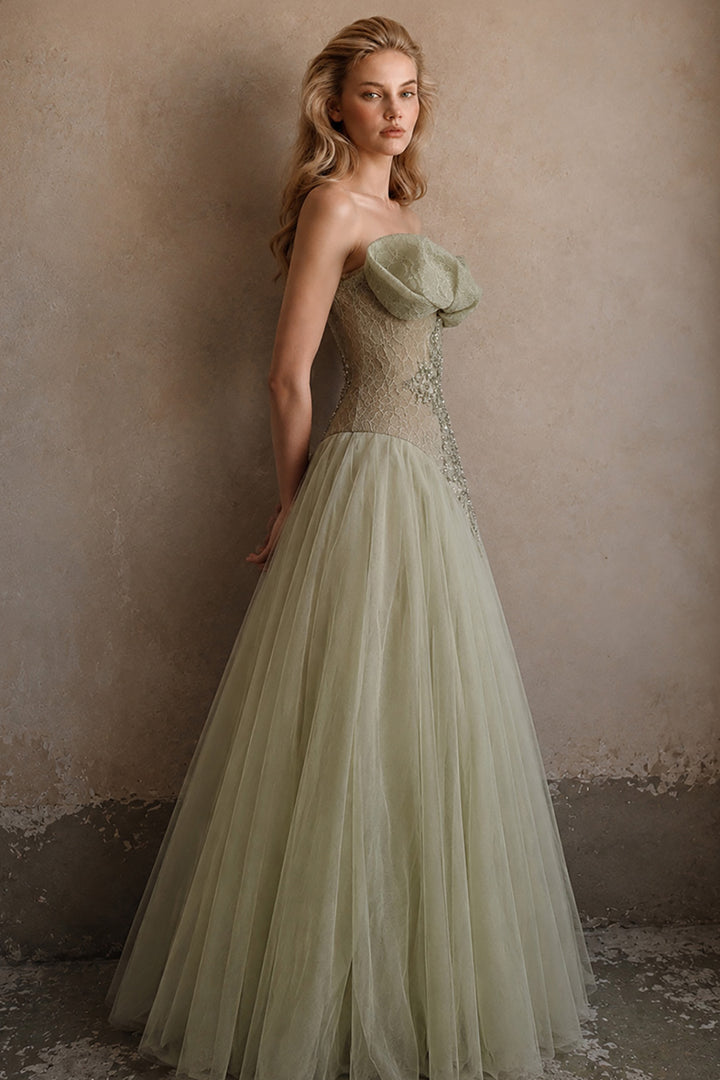 Strapless Lace Corset Dress with Asymmetrical Tulle Overskirt