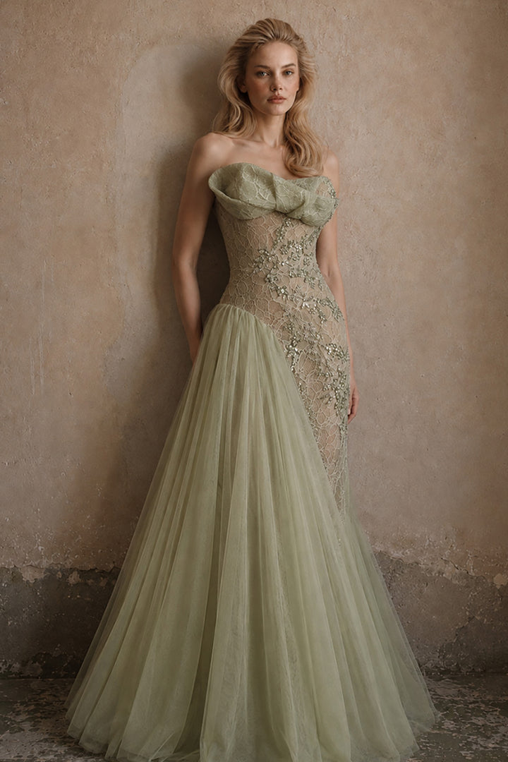 Strapless Lace Corset Dress with Asymmetrical Tulle Overskirt