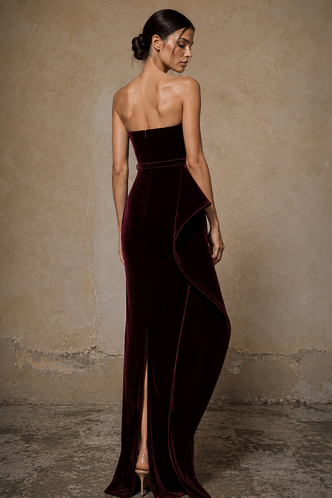 Belted Velvet Dress with Asymmetrical Drape