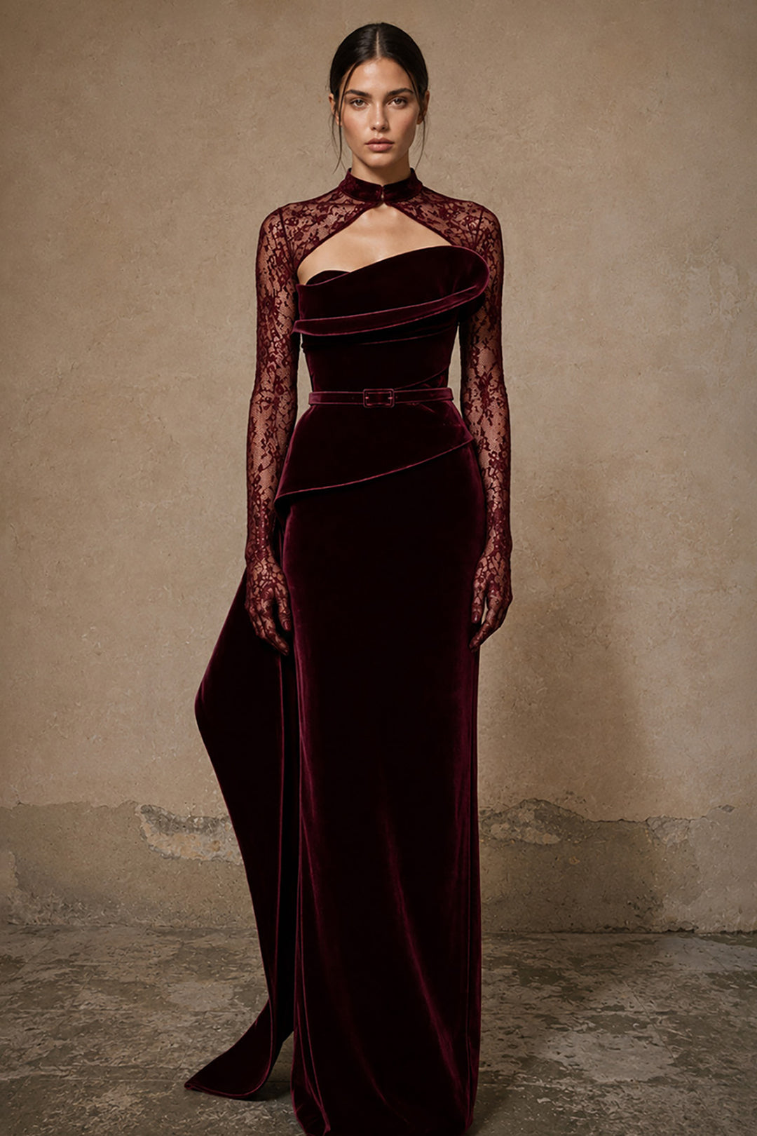 Belted Velvet Dress with Asymmetrical Drape