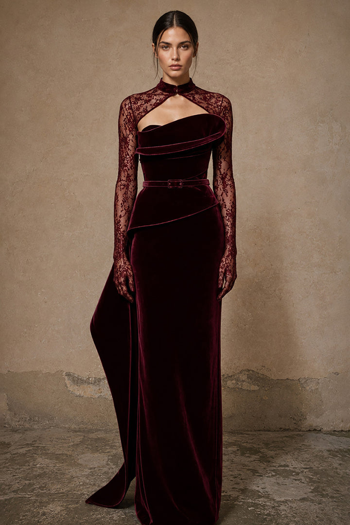 Belted Velvet Dress with Asymmetrical Drape