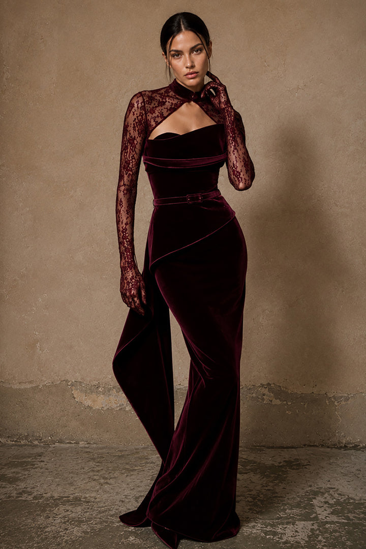 Belted Velvet Dress with Asymmetrical Drape