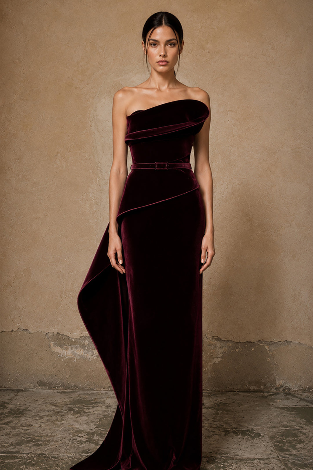 Belted Velvet Dress with Asymmetrical Drape