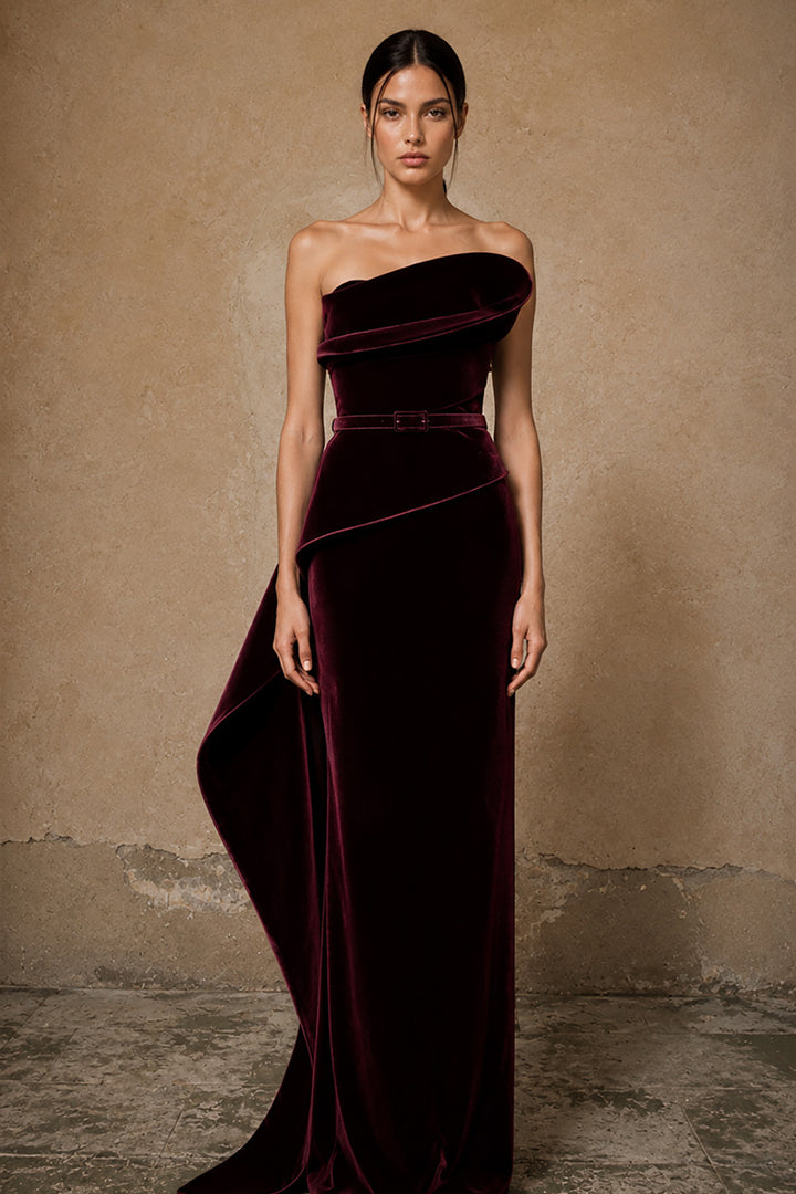 Belted Velvet Dress with Asymmetrical Drape