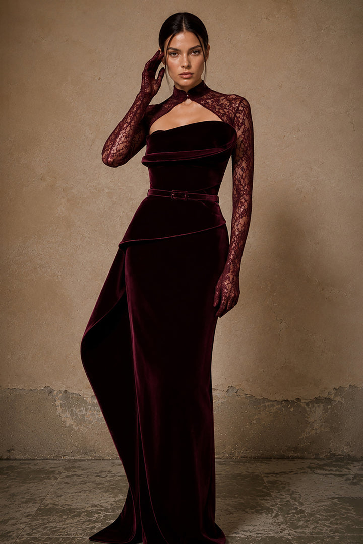 Belted Velvet Dress with Asymmetrical Drape