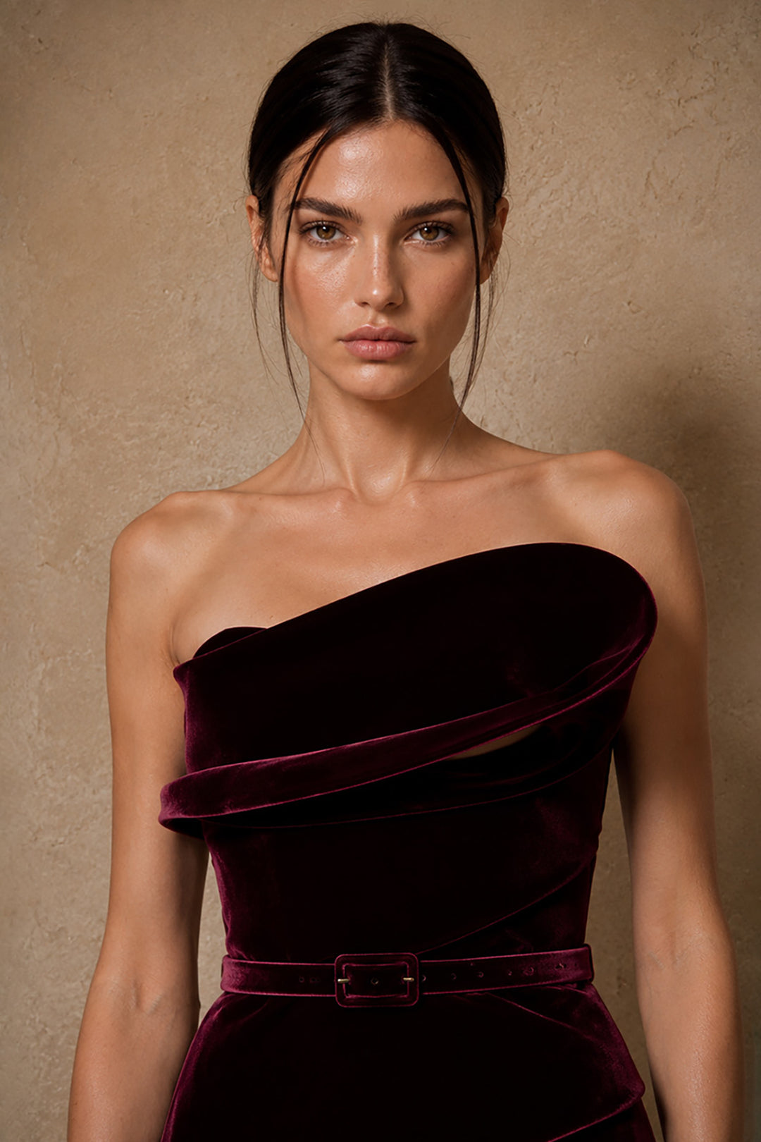 Belted Velvet Dress with Asymmetrical Drape