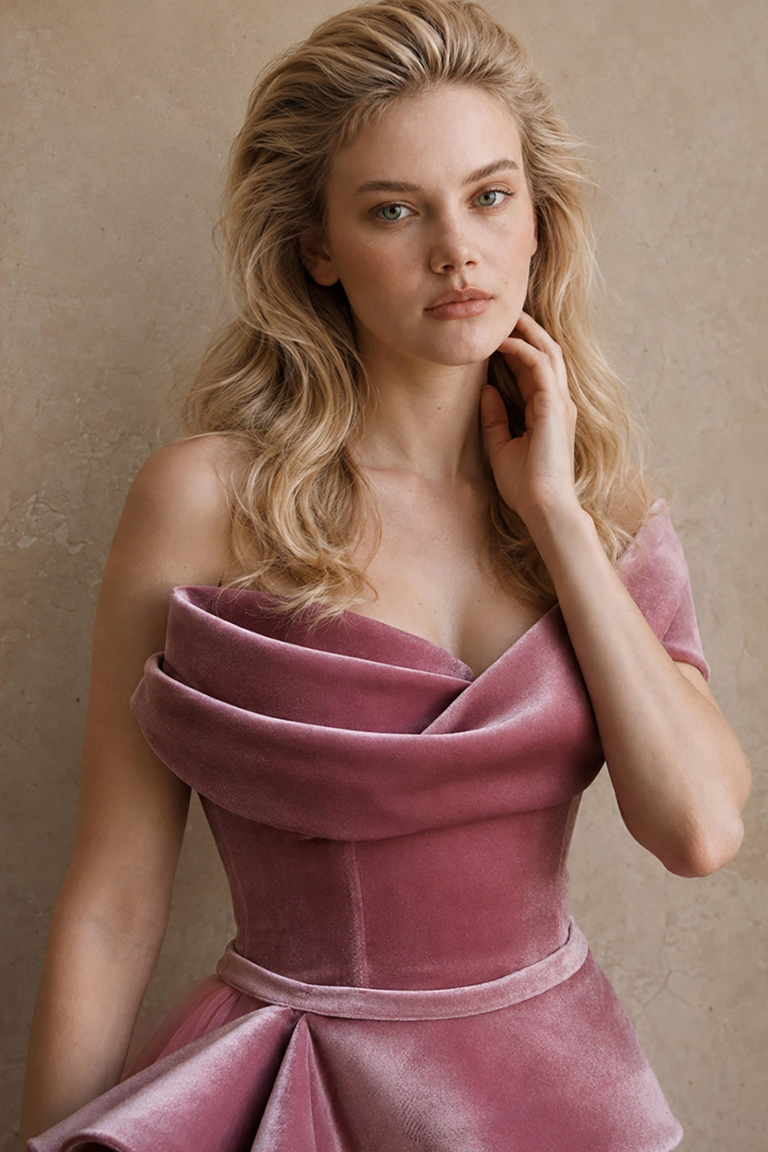 Sculptural Off-the-Shoulder with Embellished Peplum Dress