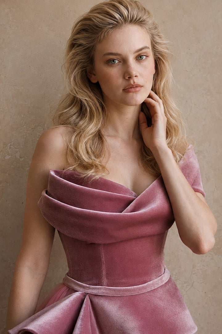 Sculptural Off-the-Shoulder with Embellished Peplum Dress