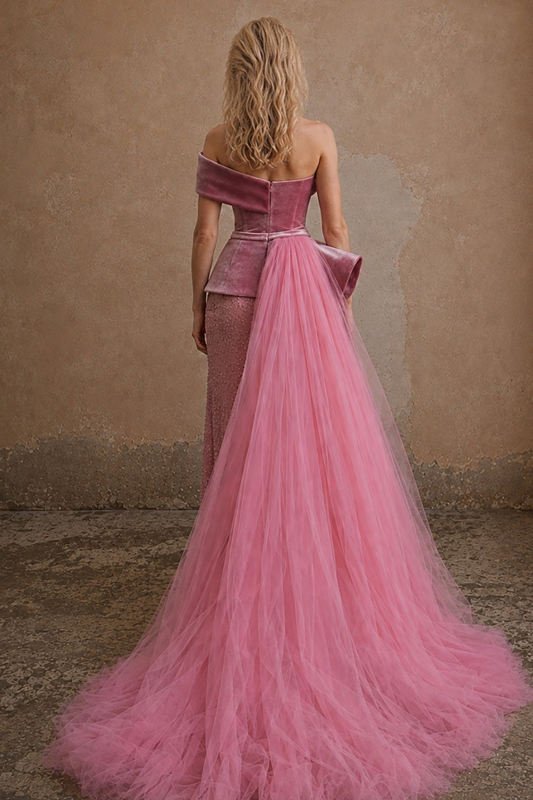Sculptural Off-the-Shoulder with Embellished Peplum Dress