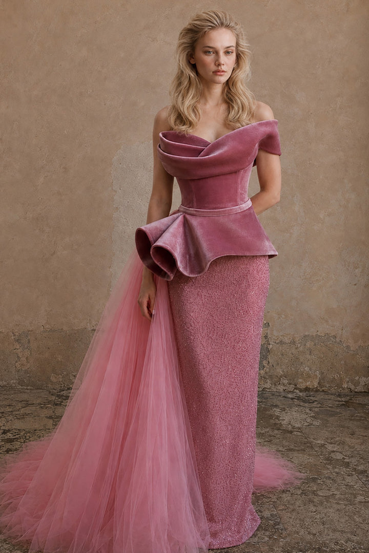 Sculptural Off-the-Shoulder with Embellished Peplum Dress