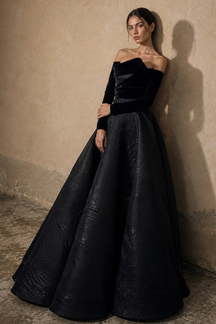 Off-The-Shoulder Velvet with Jacquard A-Line Dress