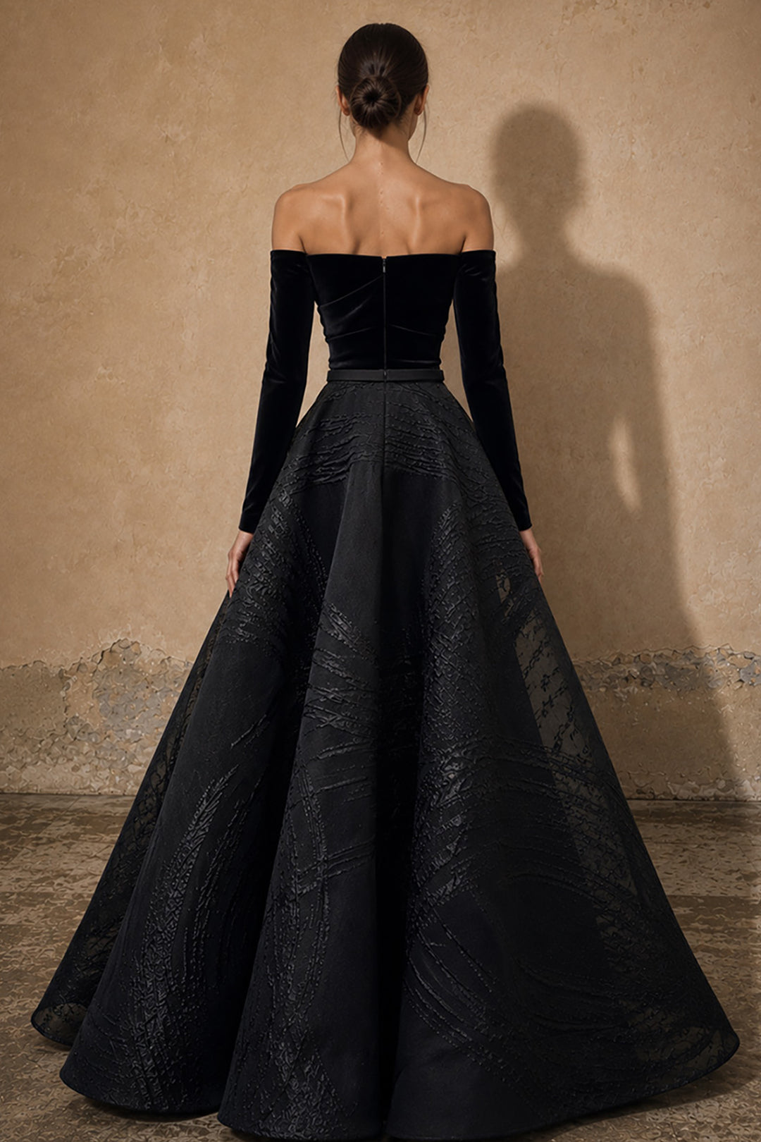 Off-The-Shoulder Velvet with Jacquard A-Line Dress