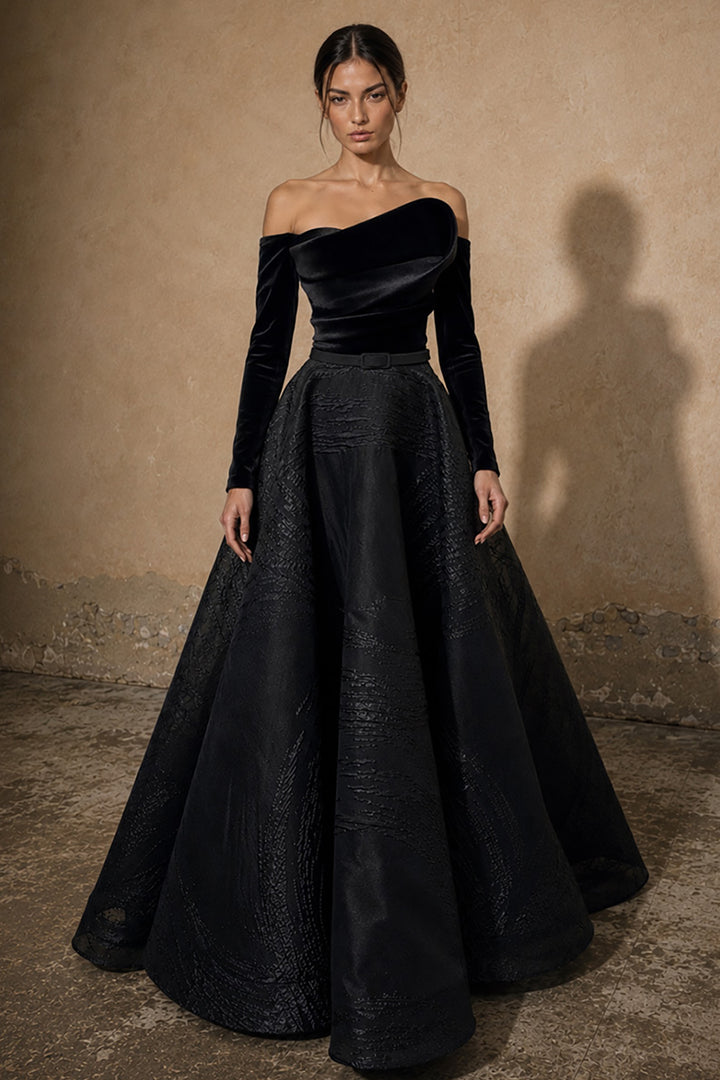 Off-The-Shoulder Velvet with Jacquard A-Line Dress