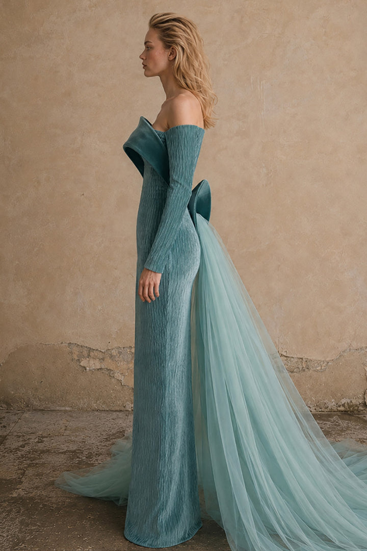 Off-The-Shoulder Column Dress with Velvet Overlay