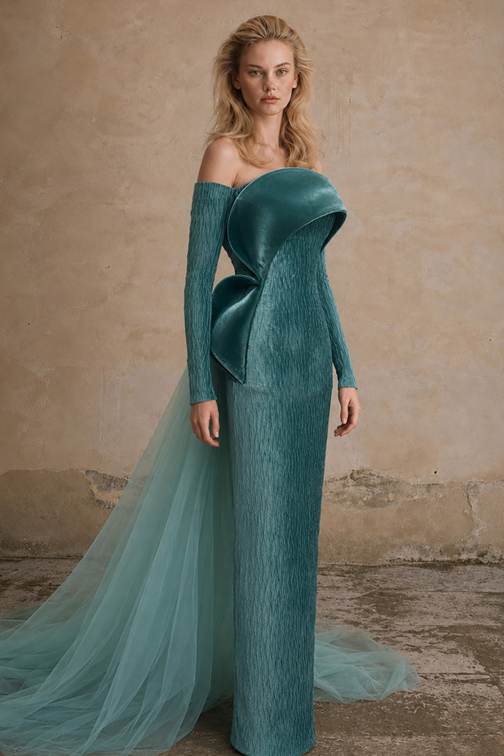 Off-The-Shoulder Column Dress with Velvet Overlay
