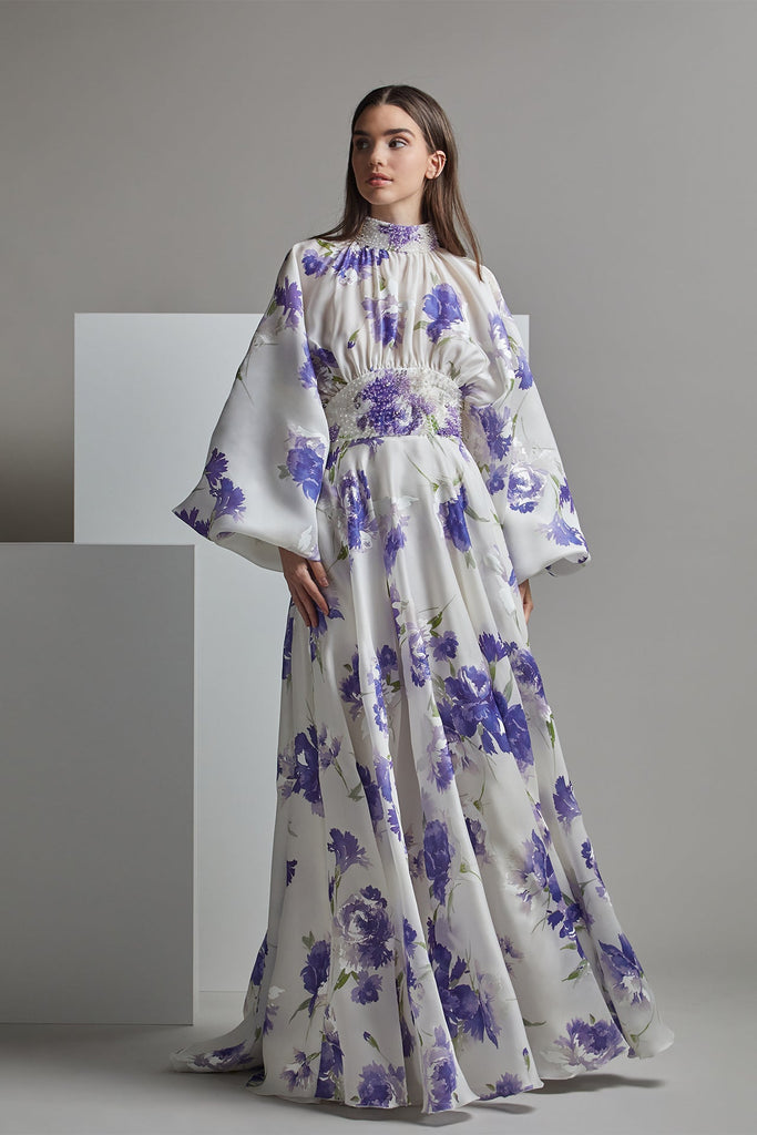 Floral and Long-Sleeved A-line Dress White & Purple / US 4