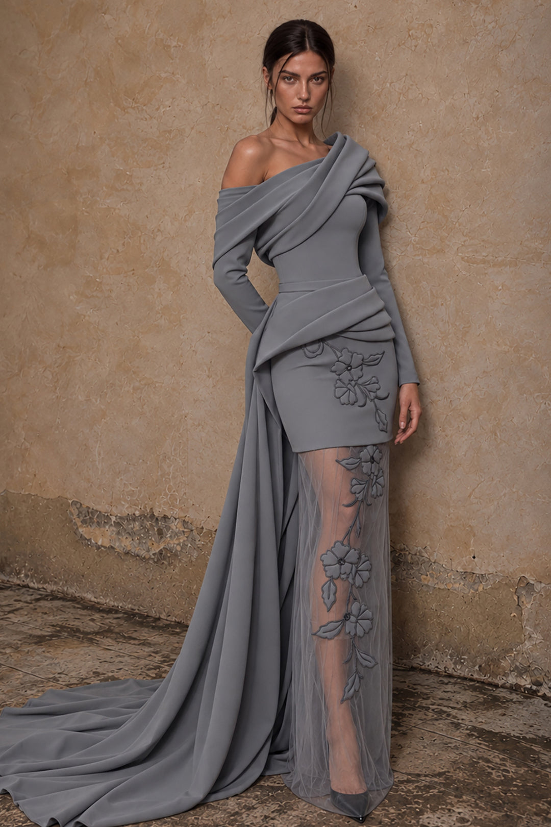 Asymmetrical Off-The-Shoulder with Floral Illusion Dress