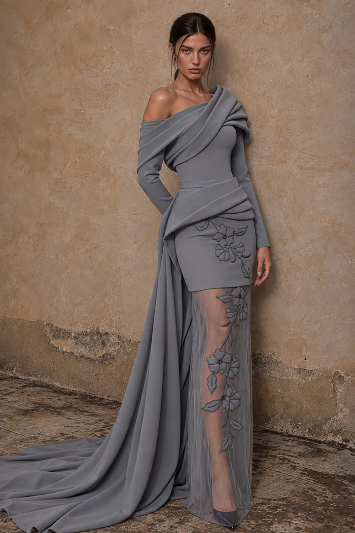 Asymmetrical Off-The-Shoulder with Floral Illusion Dress