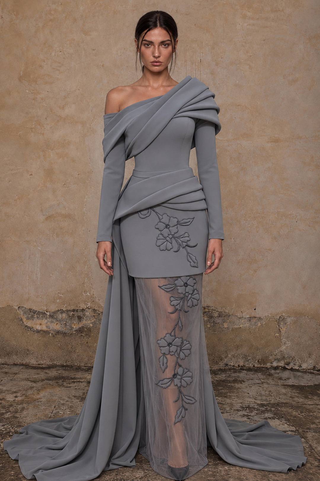 Asymmetrical Off-The-Shoulder with Floral Illusion Dress