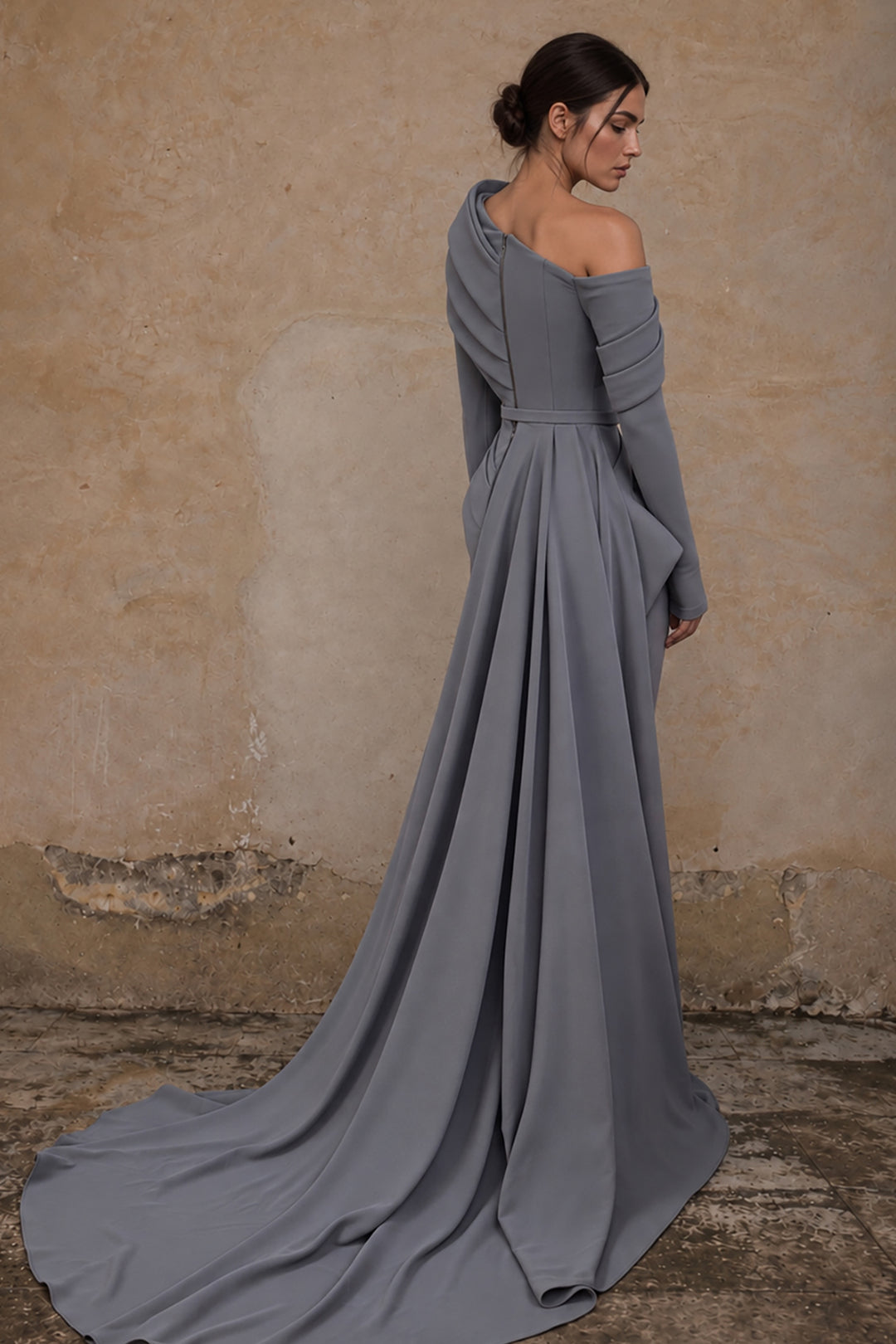Asymmetrical Off-The-Shoulder with Floral Illusion Dress