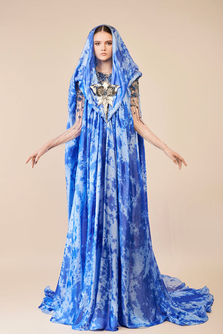 Hooded Blue Gown with Beaded Bodice and Floral Embellishment