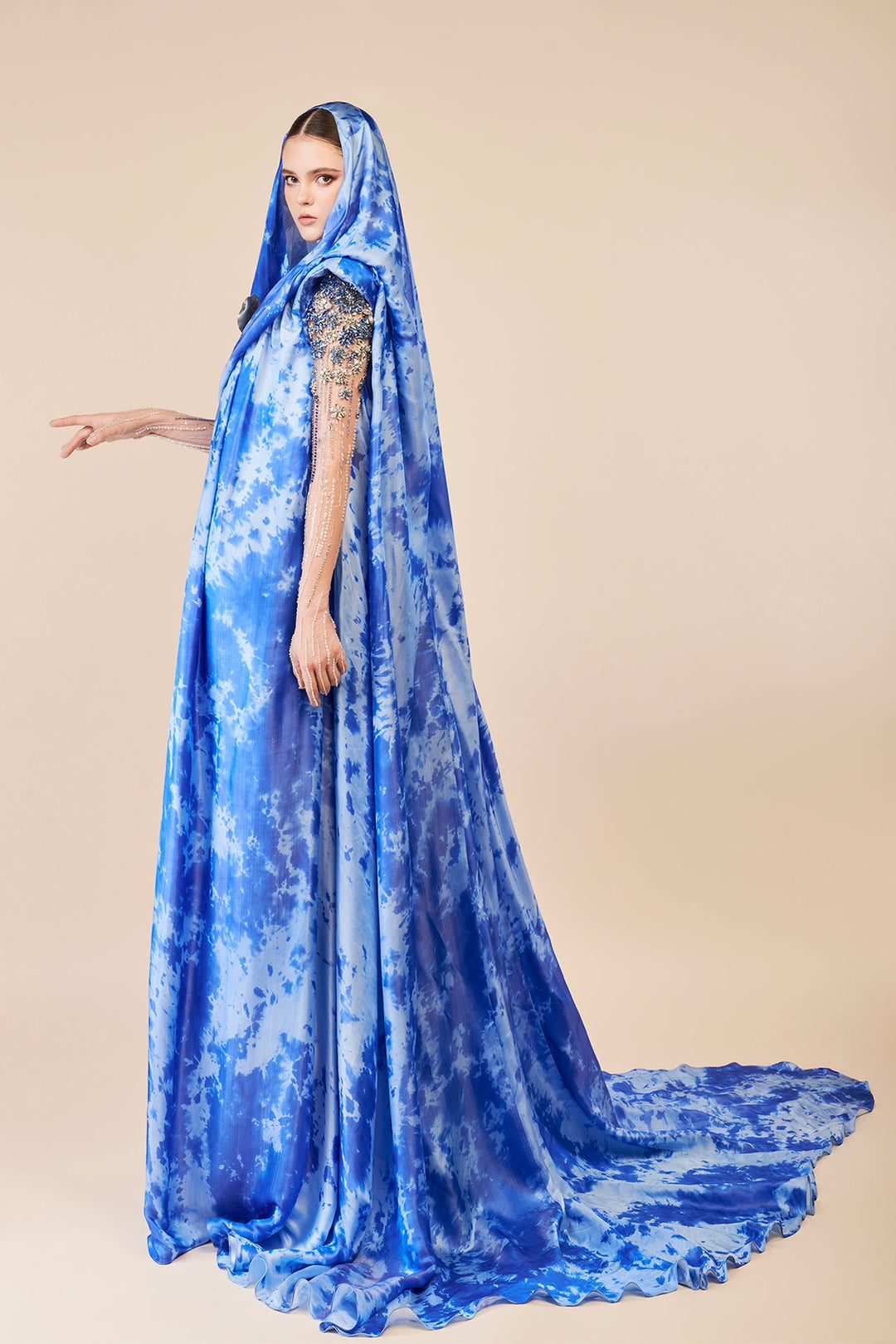 Hooded Blue Gown with Beaded Bodice and Floral Embellishment