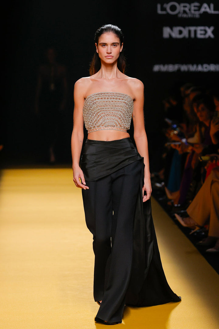 Strapless Embroidered Top with Flared Pants and Draping