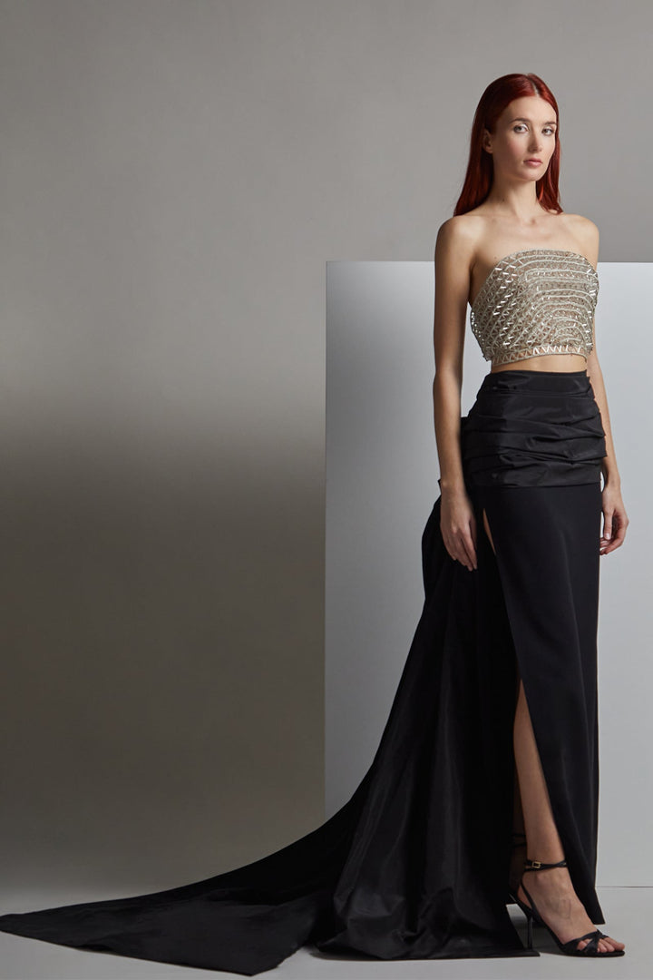 Strapless Embroidered Top with Flared Pants and Draping